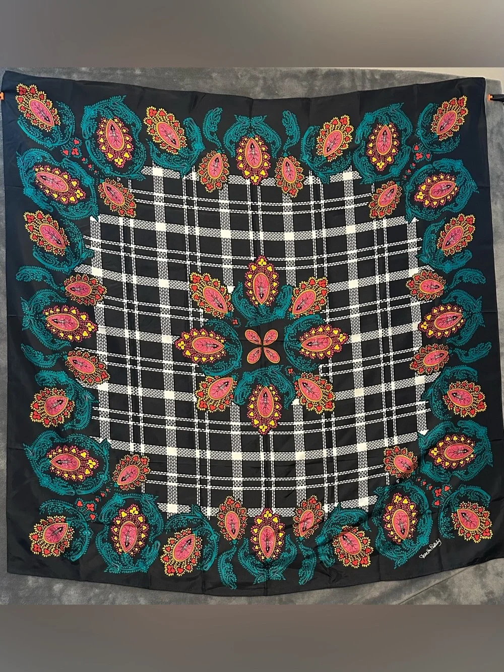 Vintage Diane Von Furstenberg Black Scarf with Teal, Pink & Yellow Paisley Plaid